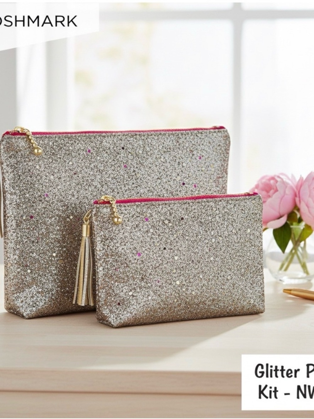 NWT  2pc Gold Glitter and Gold Lame Makeup Pouches